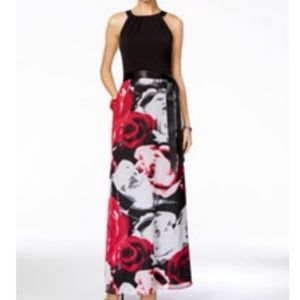 SLNY - Pink Red Floral Black Top Halter Maxi Dress